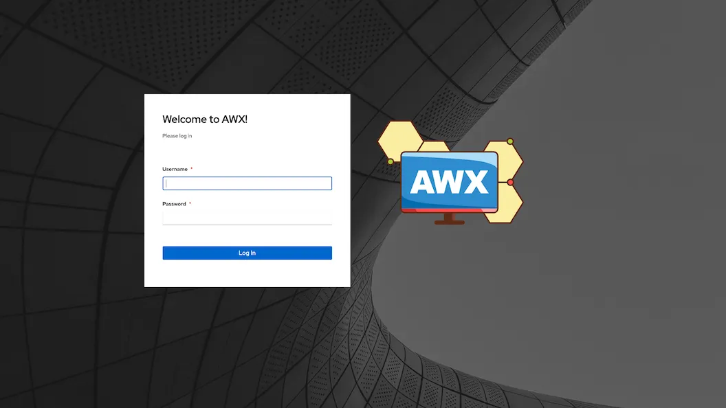 AWX login screen beside the AWX logo on a dark technical background