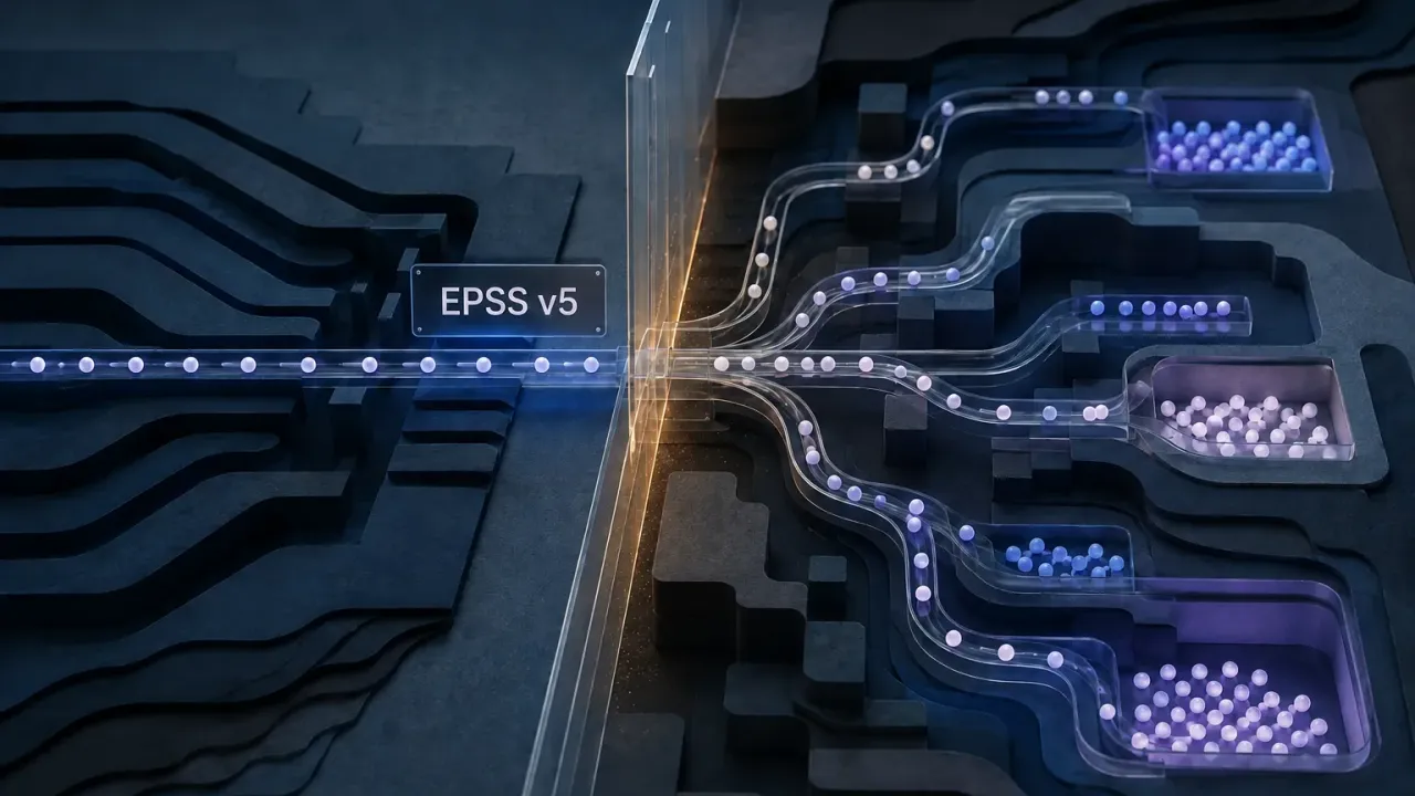 Conceptual EPSS v5 boundary redistributing vulnerability markers from one incoming queue into differently sized priority groups