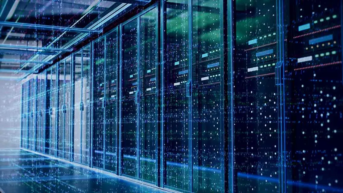 Rows of illuminated data center servers representing VMware ESXi infrastructure maintenance