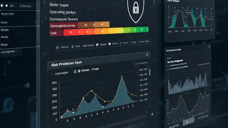 Conceptual EPSS risk-prioritization dashboard with charts, ranked findings, and security controls
