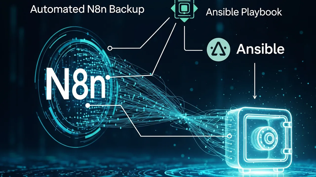Diagram connecting n8n automation, an Ansible playbook, and protected backup storage