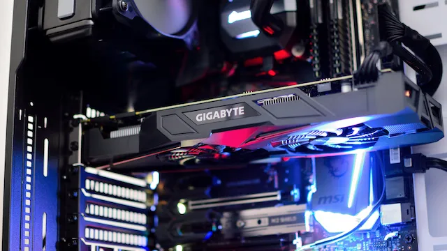 Discrete GPU installed inside a desktop computer for local AI workloads