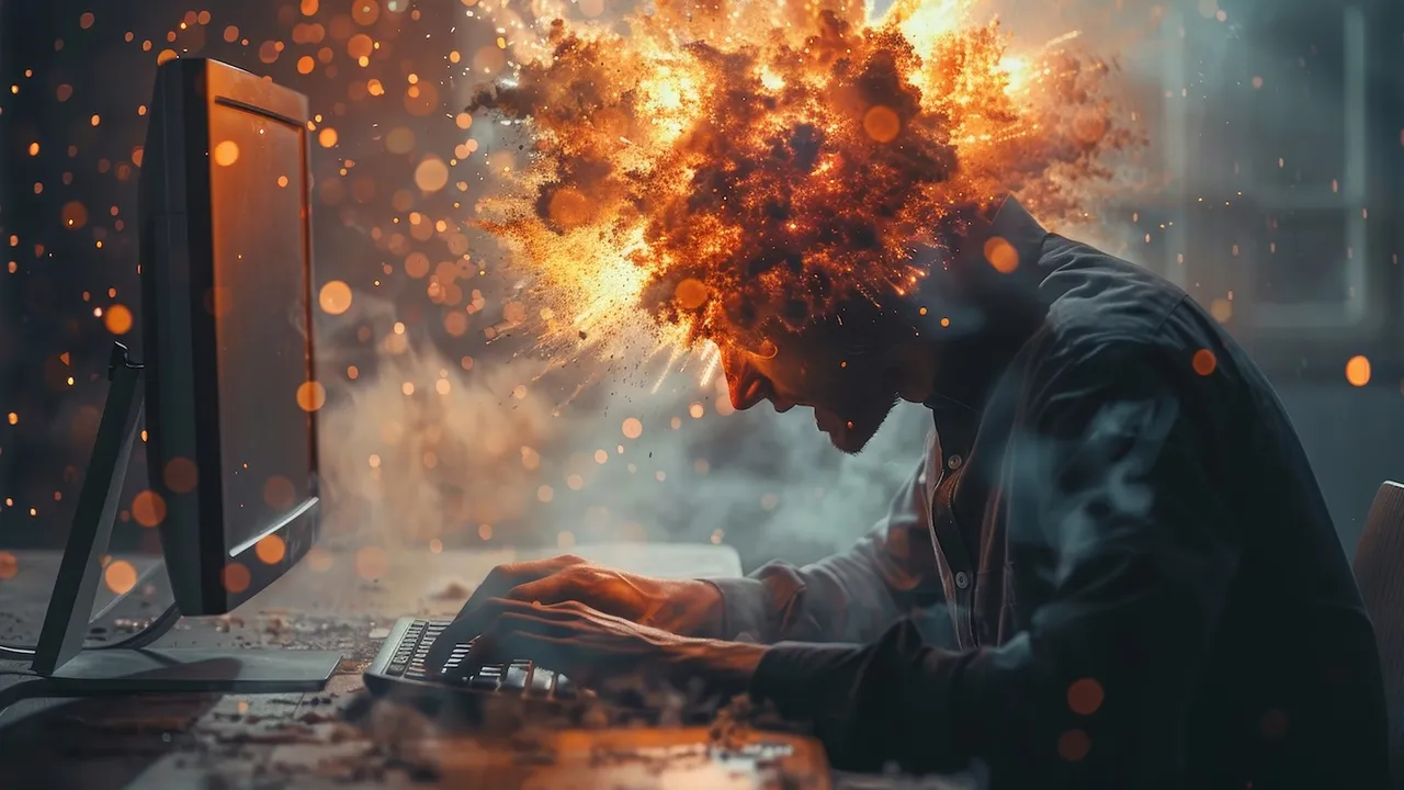 Overwhelmed operator at a computer with an explosive visual metaphor for vulnerability backlog fatigue