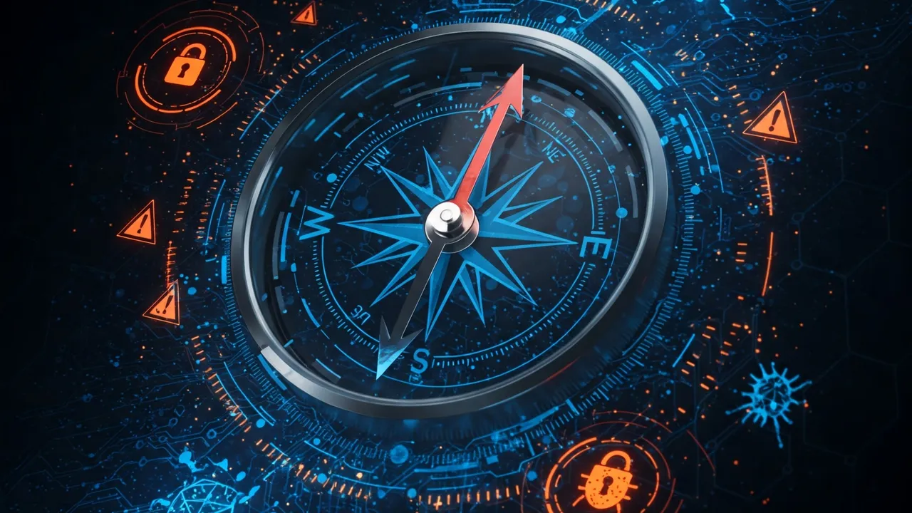 Digital compass surrounded by security warnings, representing risk-based vulnerability prioritization